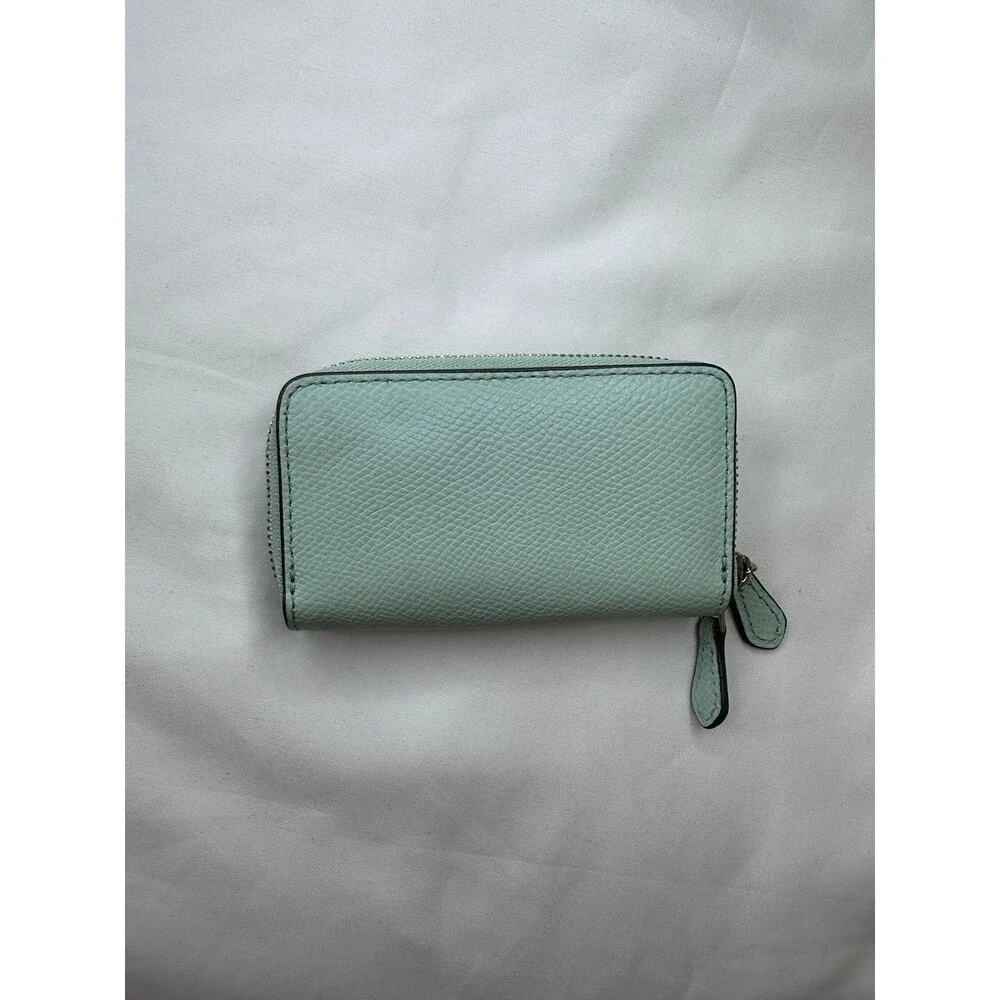 Coach Small Zip Around Pebbled Leather Wallet Card Holder Case Light Green Pool